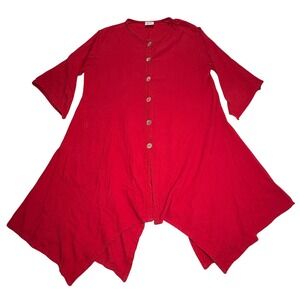 OH MY GAUZE Red Cotton Asymmetrical Hem‎ Bell Sleeve Tunic Button Up Top Size 1